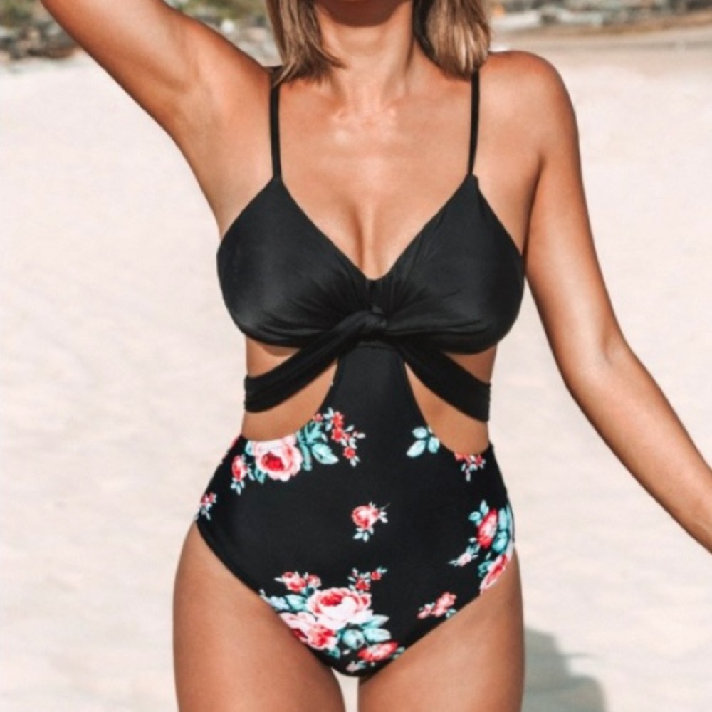 Black and floral wrap one piece cut out swimsuit with lightly padded cups